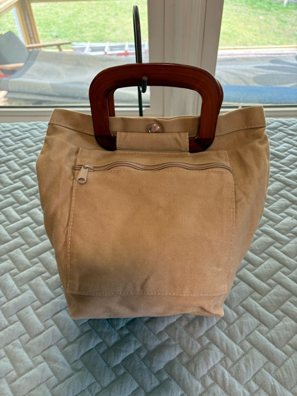 Canvas Tote Bag with Brown Wooden Handles - Tan